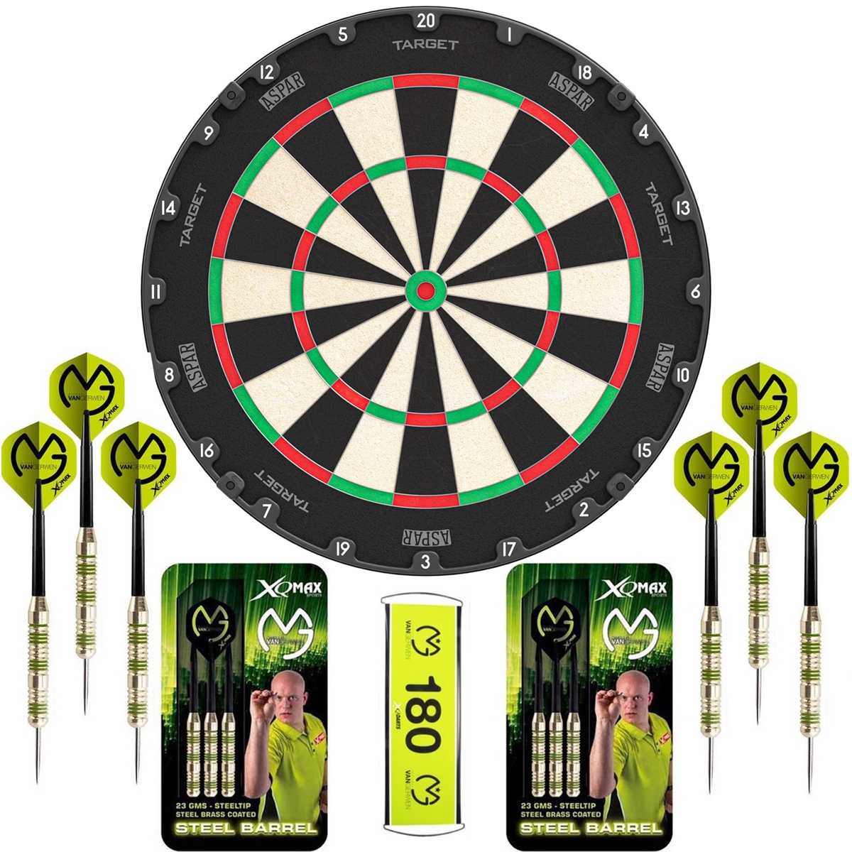 slaap pakket Vervolgen Target Aspar - dartbord - 2 sets - dartpijlen - Michael van Gerwen - darts  - dart flights - dart shafts - deDartshop.nl