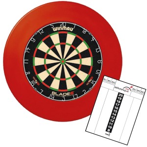 Winmau Blade 6 + surround ring + scorebord rood